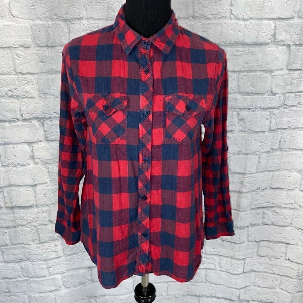 Passport 100% cotton plaid button down Longsleeve top red/navy blue sz Med women